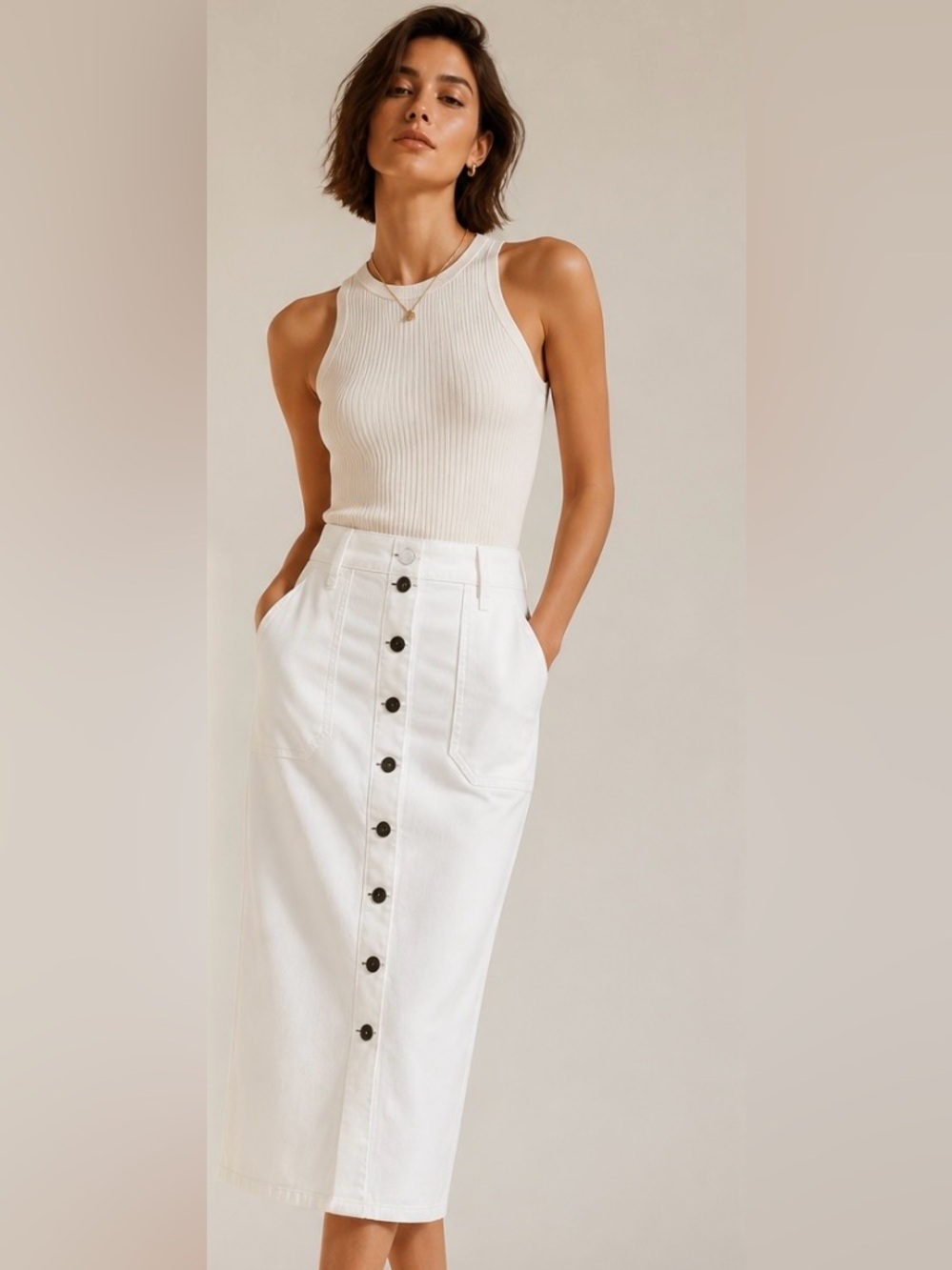 PAIGE Meadow Midi Pencil Skirt Evereve White Button Denim Msrp $199